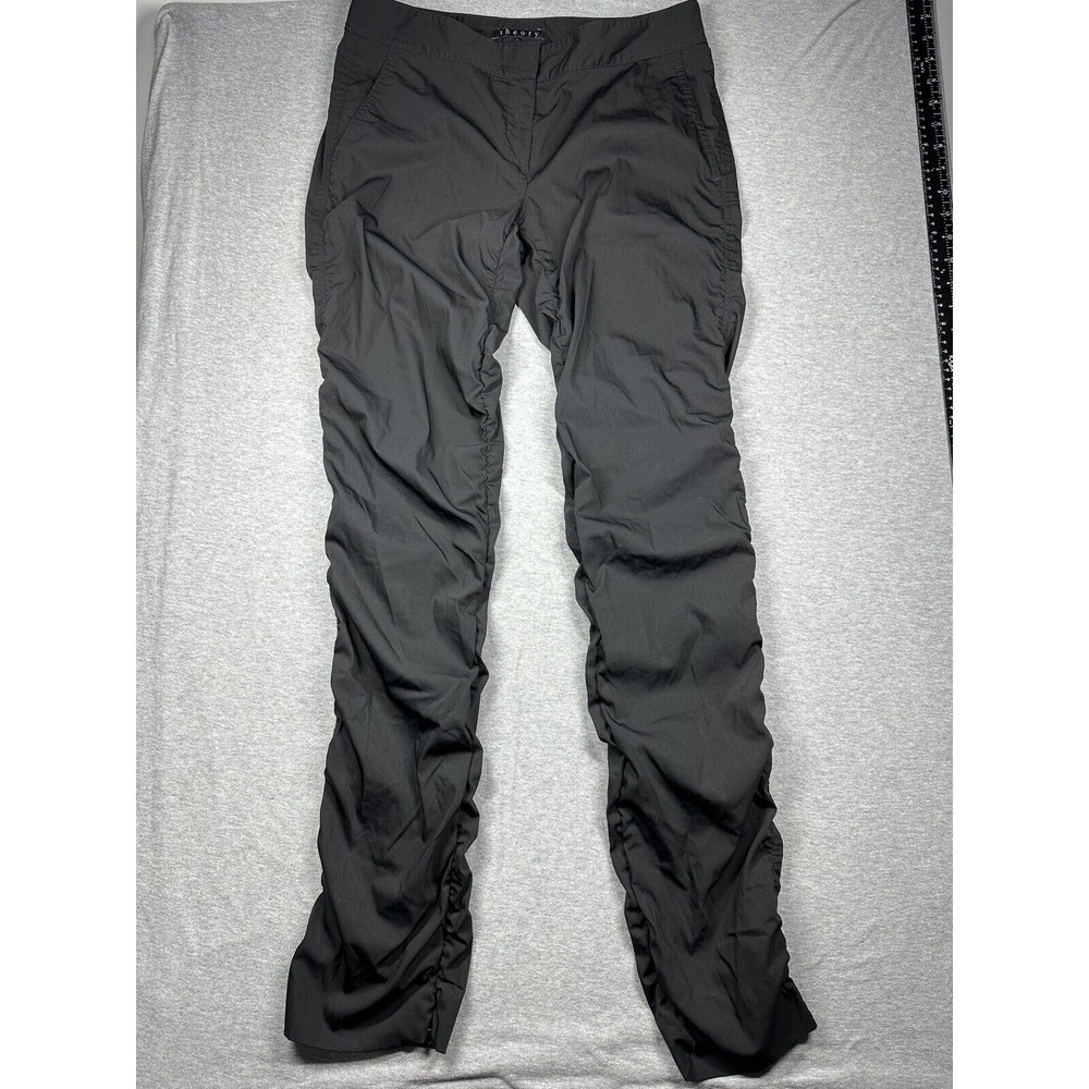 Theory Slim Trouser Pant‎ Size 6 Black Side Zipper Wool Blend Ruffled